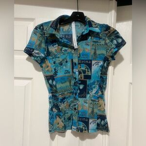 IPSE‎ GAZEBO Mesh Short Sleeve Knit Multi Blue Novelty Prints Button Down Top S